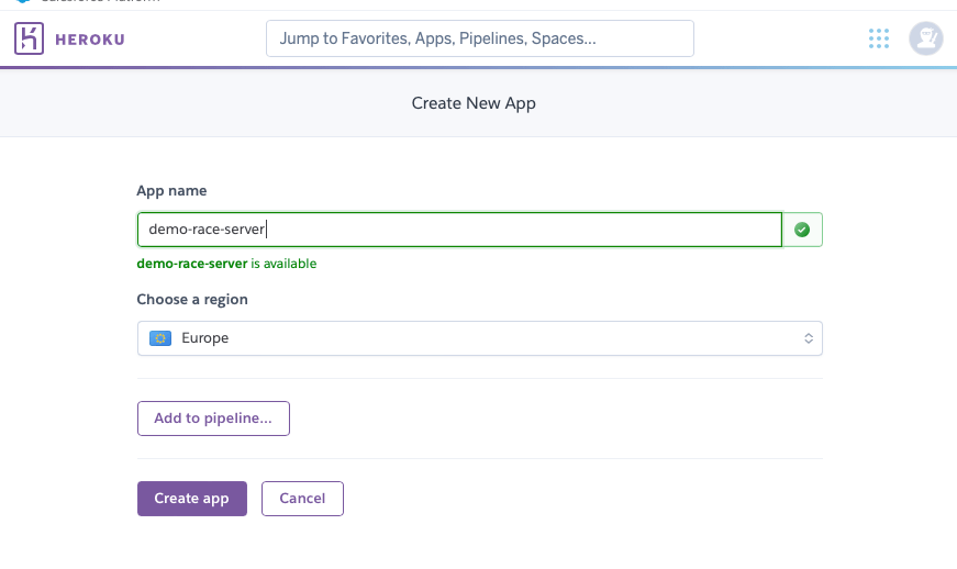 Screenshot of creating a new Heroku app