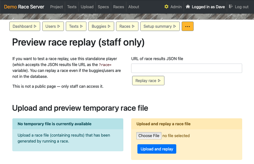 Screenshot of the temporary race file replay interface