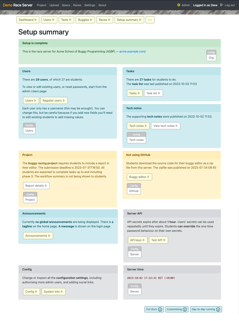 screenshot of setup summary page