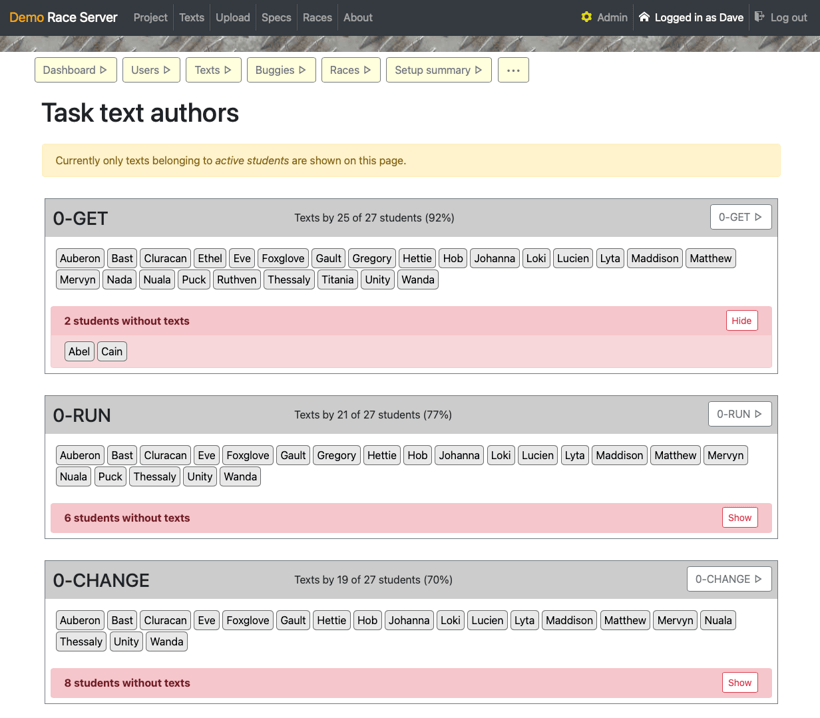 Screenshot of student task text authors, grouped by task