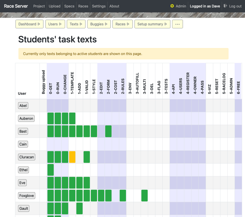 Screenshot of student task texts