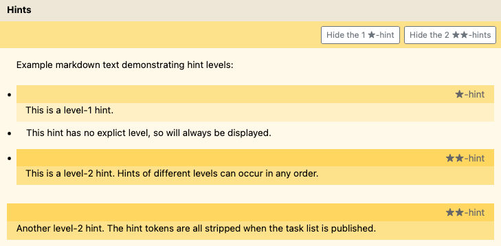 Screenshot of example task hint levels shown