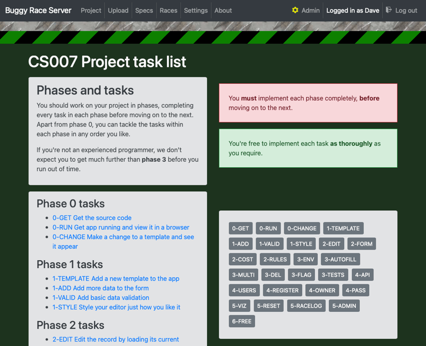 Screenshot of example task list page
